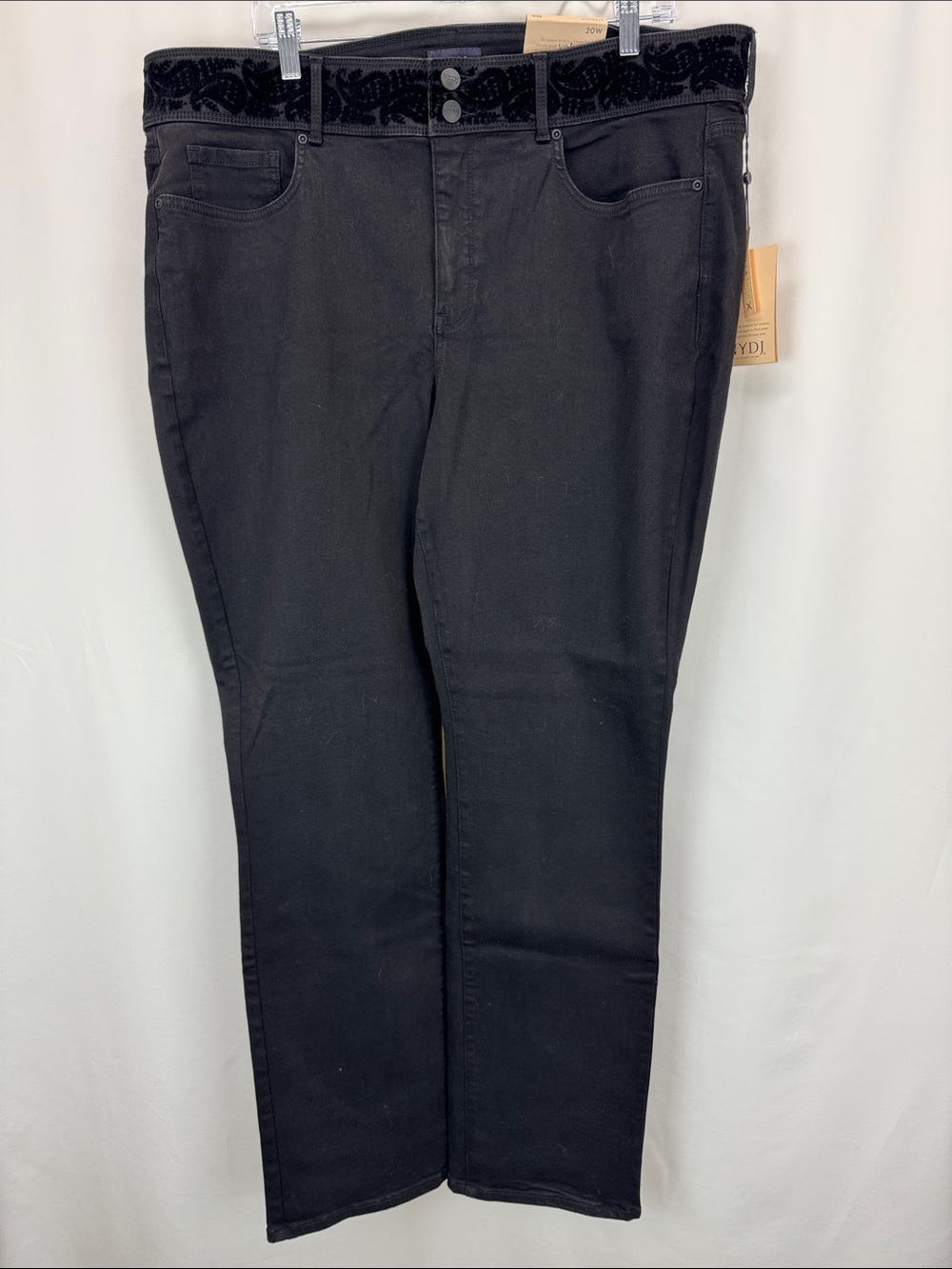 NWT NYDJ Marilyn straight black jeans 20W velvet waist detail